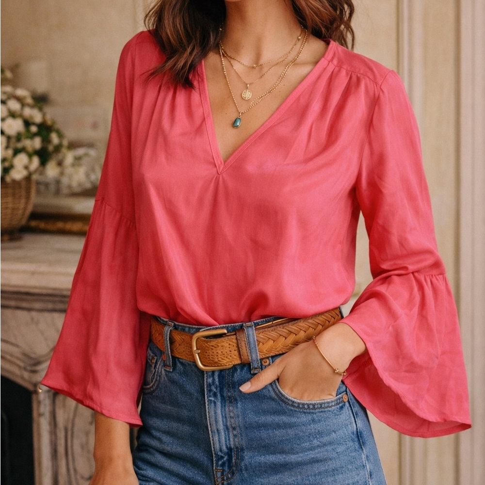 TRINA TURK Silk Bell Sleeve Blouse | Bright Pink | Size M